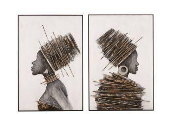 J-Line Schilderij Afrikaanse Vrouw Hout Canvas Bruin Grijs (2-delig)