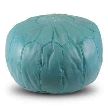 Marokkaanse Poef Leer Turquoise Rond