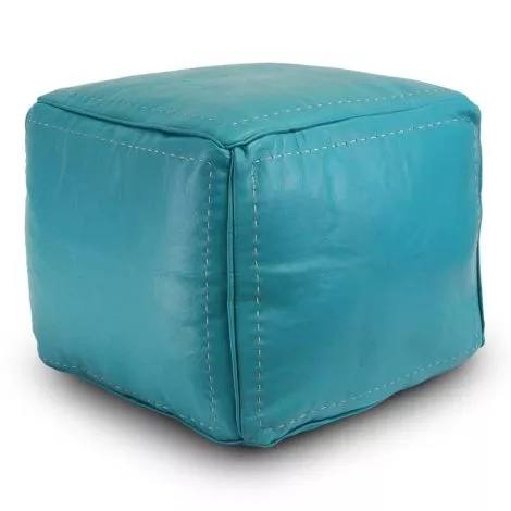 Marokkaanse Poef Leer Turquoise Vierkant